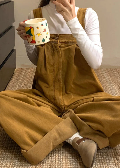 Denim Button Sleeveless Brown New Solid Jumpsuits