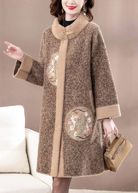 New Brown Patchwork Button Mink Velvet Woolen Coats Spring TA037