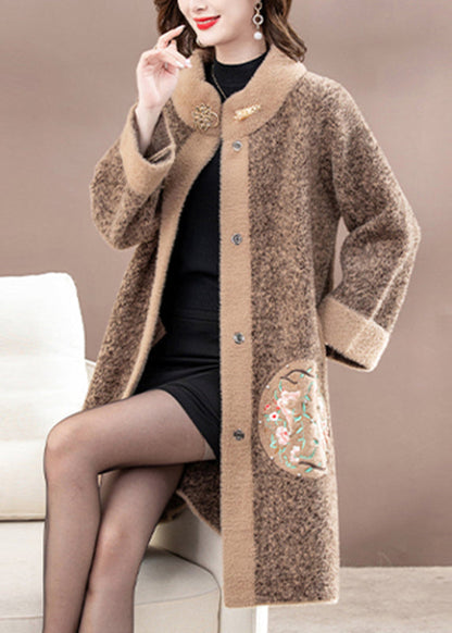 New Brown Patchwork Button Mink Velvet Woolen Coats Spring TA037