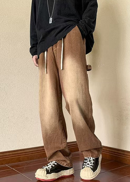 Denim New Spring Men Brown Waist Pants Pockets Elastic