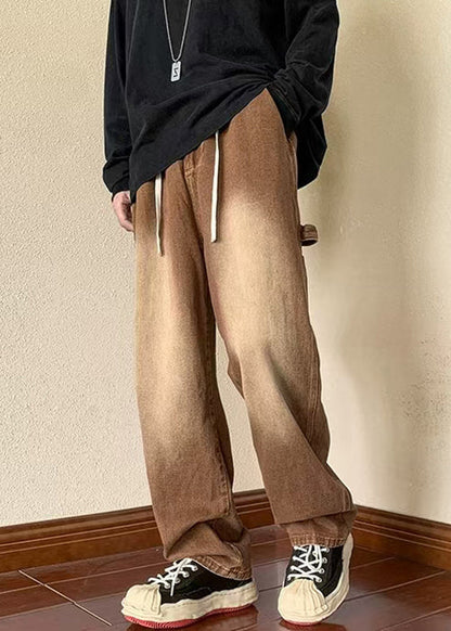 Denim New Spring Men Brown Waist Pants Pockets Elastic