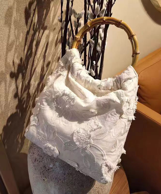 New Style Tassel Cotton Chinese Tote Embroidery Bag Beige