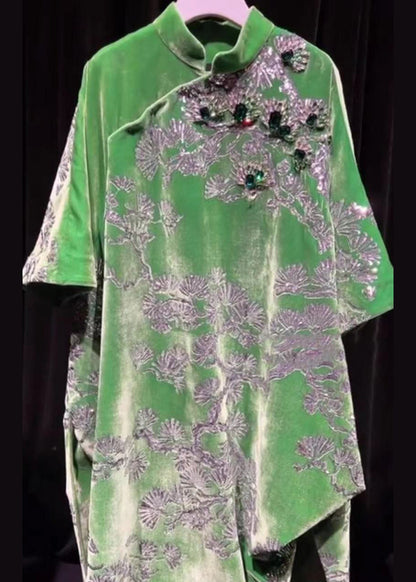 New Chinese Style Green Stand Collar Gilding Asymmetrical Design Dress Summer BV006