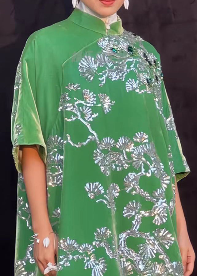 New Chinese Style Green Stand Collar Gilding Asymmetrical Design Dress Summer BV006