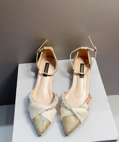Chunky Pearl Pointed Embroidered Sandals New Heel Chinese Yellow