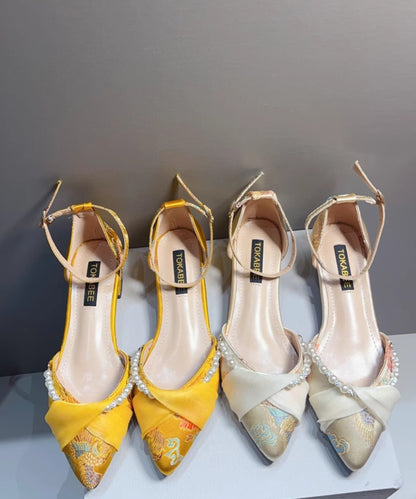 Chunky Pearl Pointed Embroidered Sandals New Heel Chinese Yellow