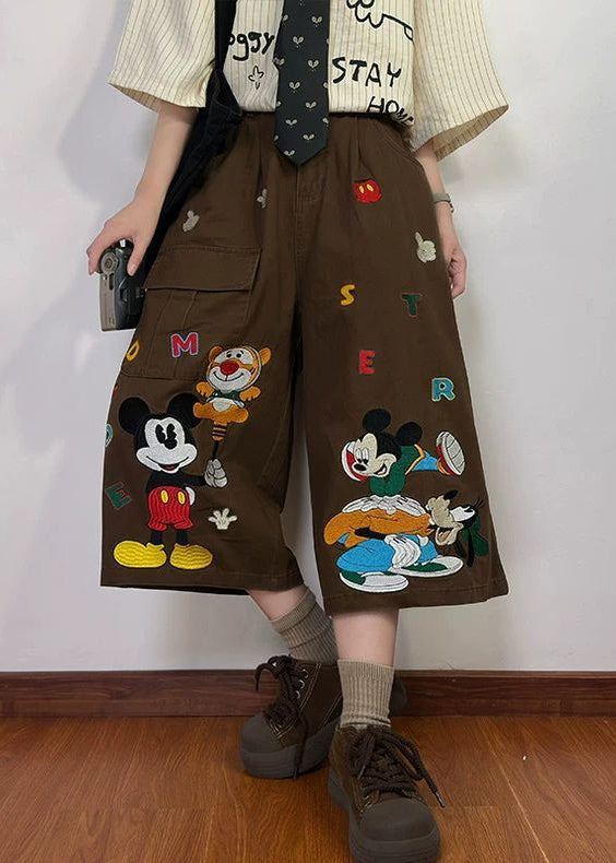 Print Summer New Coffee Pants Mens Denim Crop Cartoon Pockets