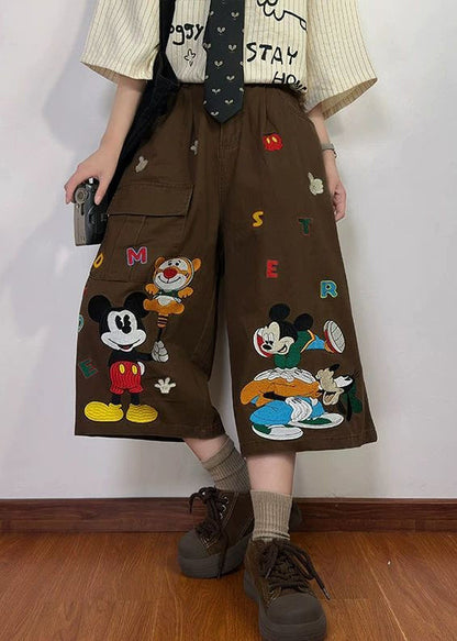 Print Summer New Coffee Pants Mens Denim Crop Cartoon Pockets