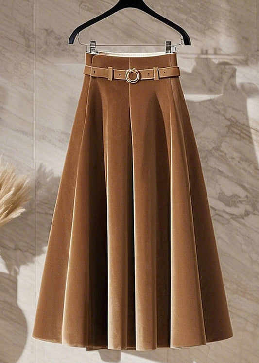 New Coffee High Waist Solid Silk Velvet Skirts Spring YW001