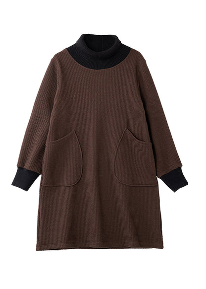 New Coffee Hign Neck Pockets Patchwork Warm Fleece Dresses Winter RL021