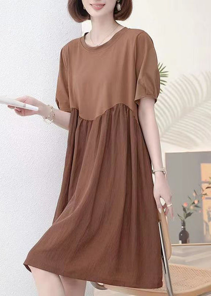 New Coffee O Neck Wrinkled Cotton Dress Short Sleeve MN039