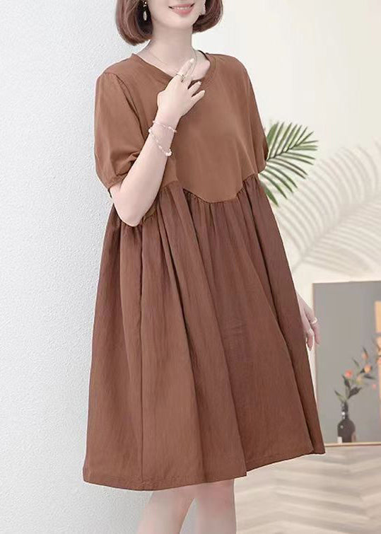 New Coffee O Neck Wrinkled Cotton Dress Short Sleeve MN039