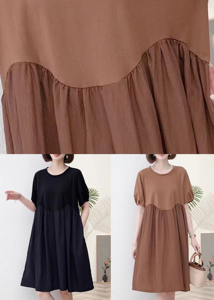 New Coffee O Neck Wrinkled Cotton Dress Short Sleeve MN039