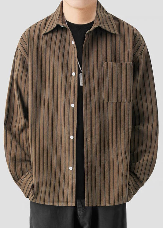 New Striped Shirts Pockets Coffee Button Men Spring Cotton