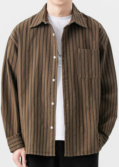 New Striped Shirts Pockets Coffee Button Men Spring Cotton