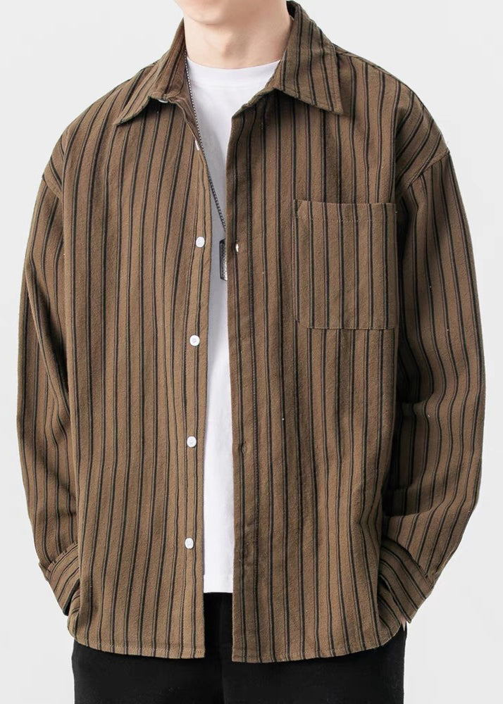 New Striped Shirts Pockets Coffee Button Men Spring Cotton