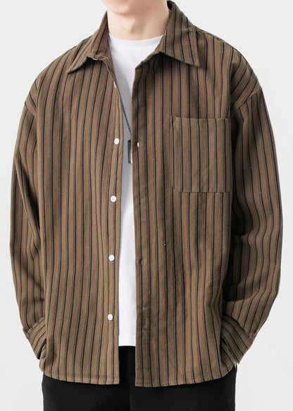 New Striped Shirts Pockets Coffee Button Men Spring Cotton