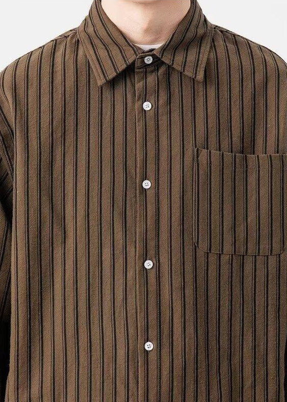 New Striped Shirts Pockets Coffee Button Men Spring Cotton