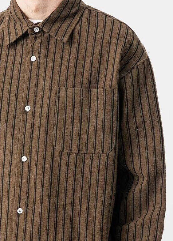 New Striped Shirts Pockets Coffee Button Men Spring Cotton