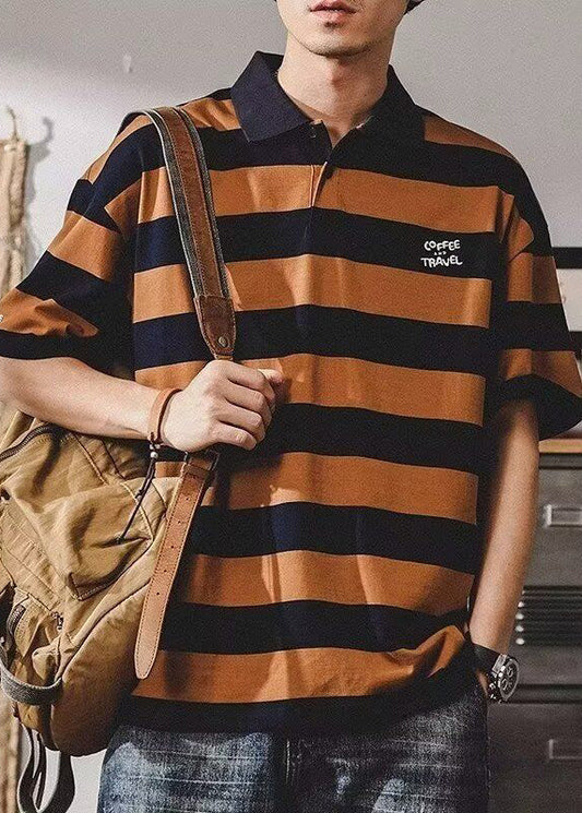 Mens New Print Coffee Shirt Summer Polo Striped Cotton
