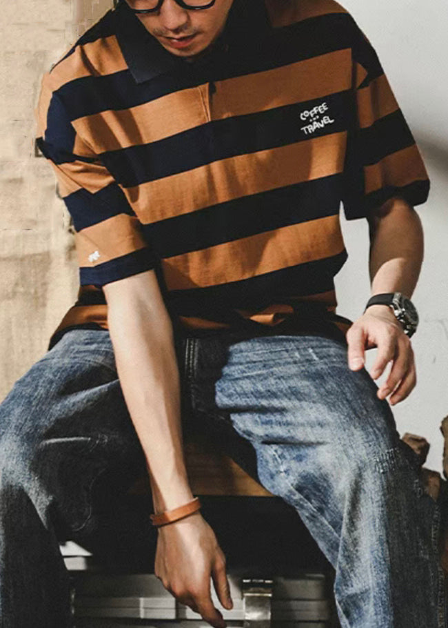 Mens New Print Coffee Shirt Summer Polo Striped Cotton