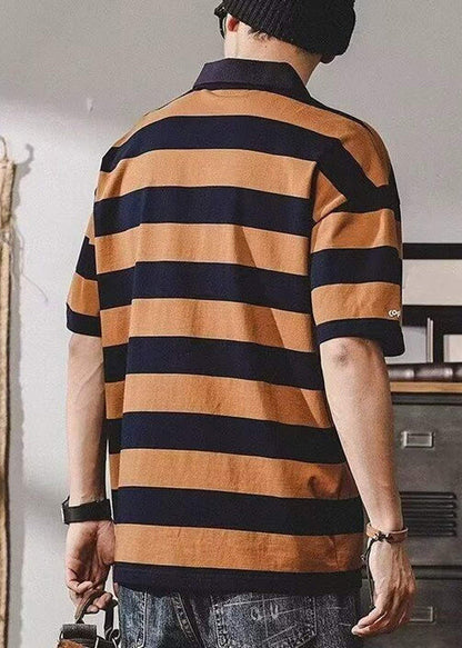 Mens New Print Coffee Shirt Summer Polo Striped Cotton