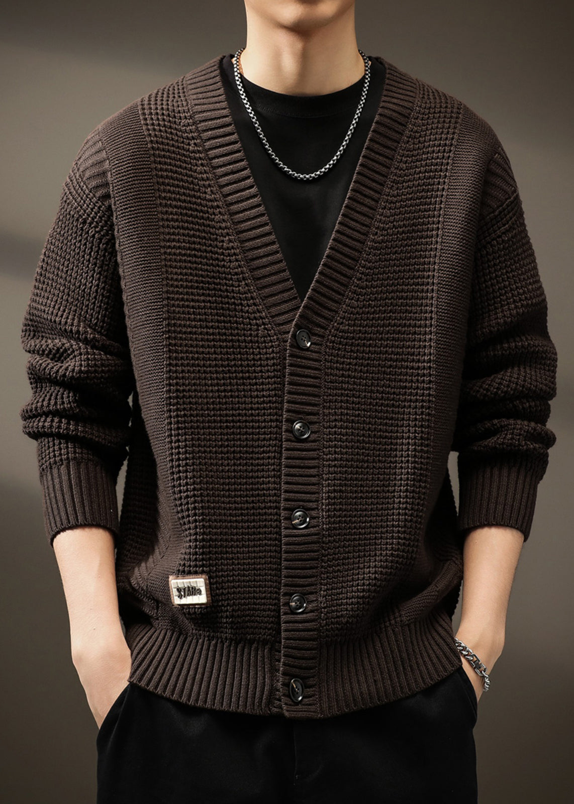 Men Solid Button Spring Neck New Coffee Cardigans V Knit