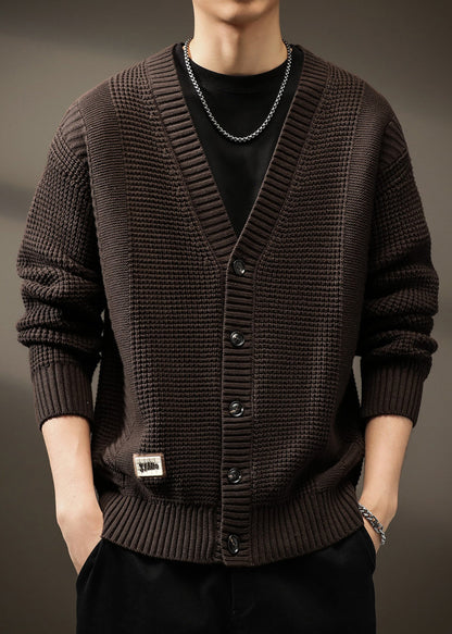 Men Solid Button Spring Neck New Coffee Cardigans V Knit