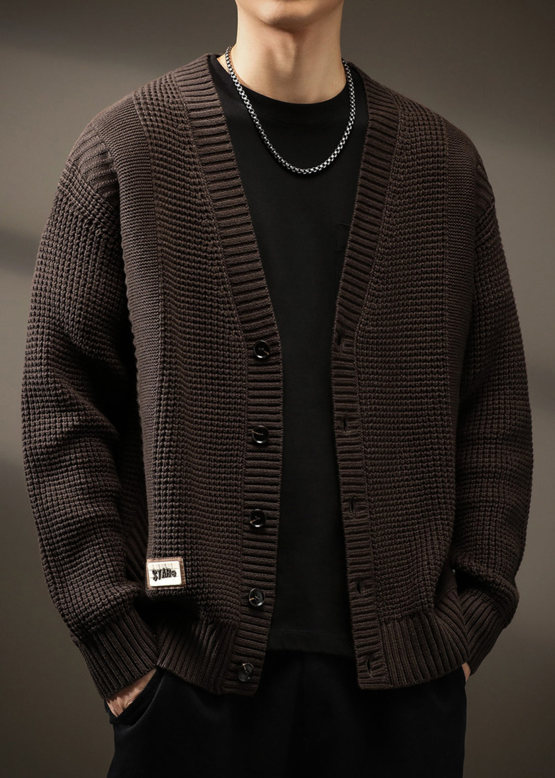 Men Solid Button Spring Neck New Coffee Cardigans V Knit