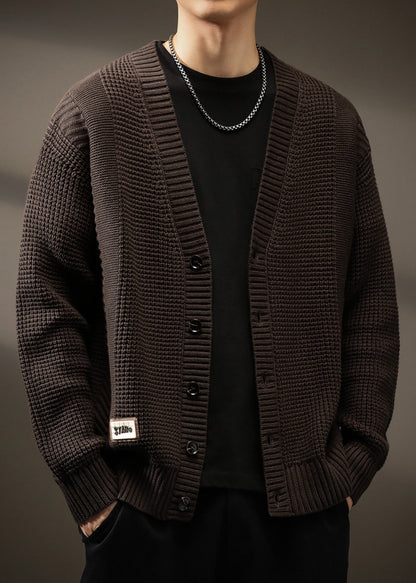 Men Solid Button Spring Neck New Coffee Cardigans V Knit