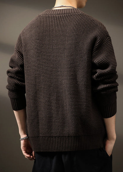 Men Solid Button Spring Neck New Coffee Cardigans V Knit