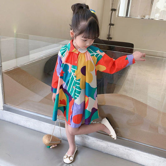 New Colorblock Print Button Girls Mid Dress Long Sleeve SS1056