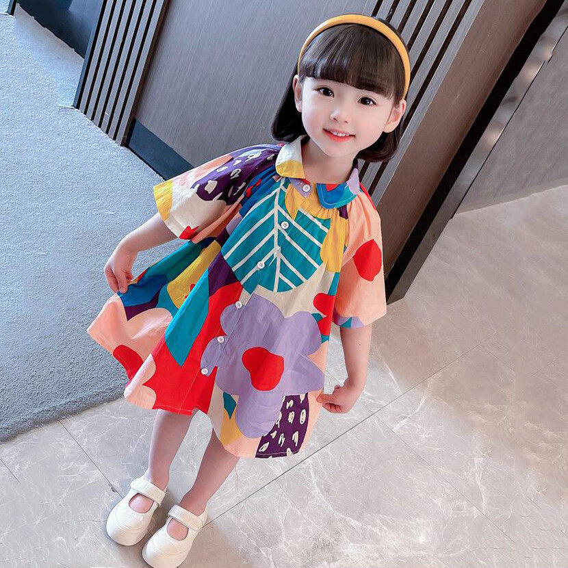 New Colorblock Print Button Girls Mid Dress Long Sleeve SS1056