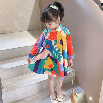 New Colorblock Print Button Girls Mid Dress Long Sleeve SS1056