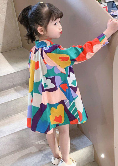 New Colorblock Print Button Girls Mid Dress Long Sleeve SS1056