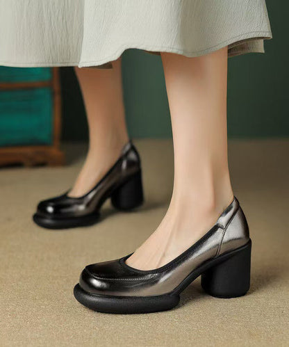 Grey New Leather Cowhide High Heel Chunky Heels Dark Splicing