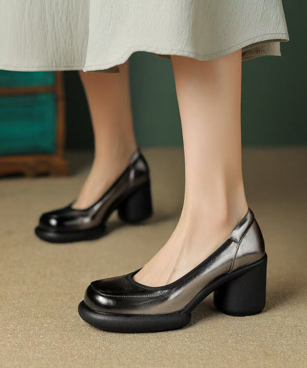 Dark Leather Heel Splicing High Cowhide Grey Heels New Chunky