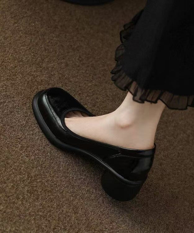 Dark Leather Heel Splicing High Cowhide Grey Heels New Chunky