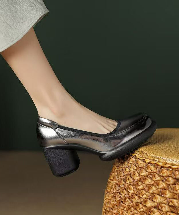 Dark Leather Heel Splicing High Cowhide Grey Heels New Chunky