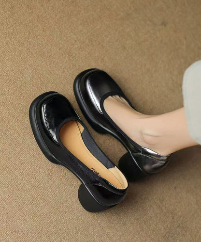 Dark Leather Heel Splicing High Cowhide Grey Heels New Chunky