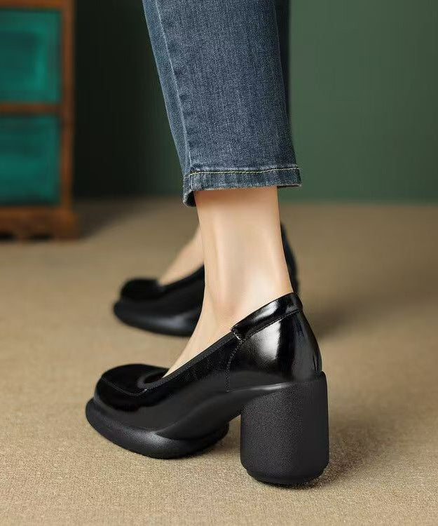 Grey New Leather Cowhide High Heel Chunky Heels Dark Splicing