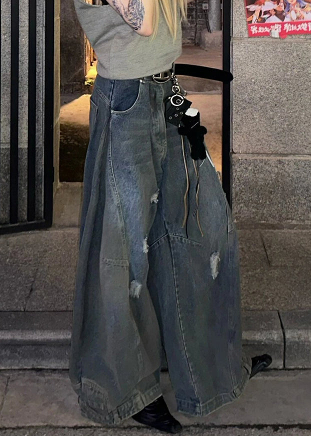 New Dark Gray Hole Pockets Denim Wide Leg Pants Summer AW1021