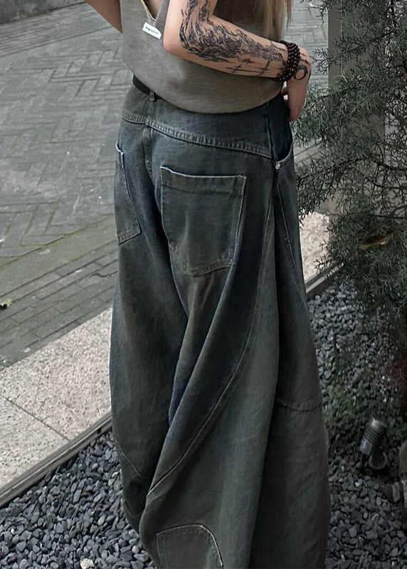 New Dark Gray Hole Pockets Denim Wide Leg Pants Summer AW1021