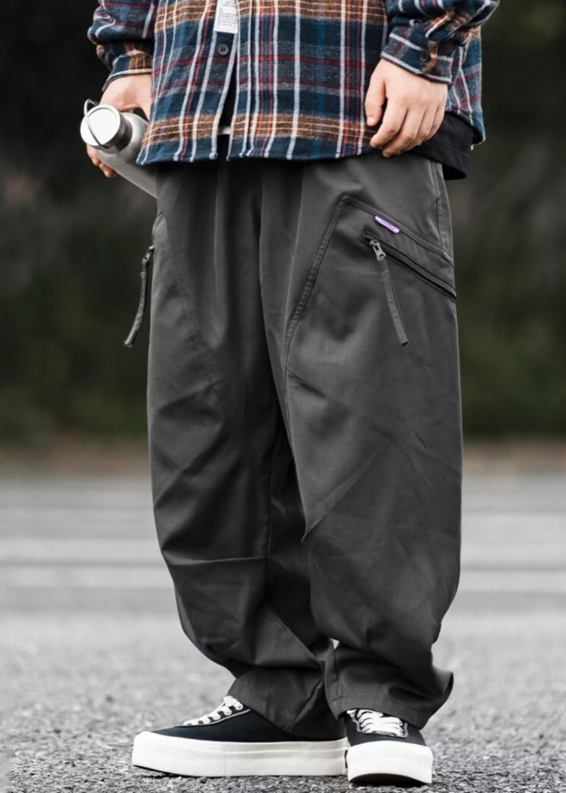 Zip Cotton Pockets Up Spring Men Dark Pants Gray New