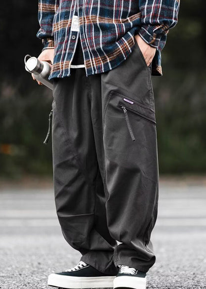 Zip Cotton Pockets Up Spring Men Dark Pants Gray New