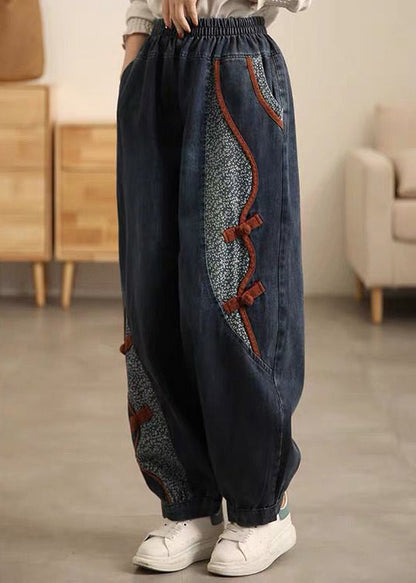 Nouveau pantalon court patchwork à taille élastique avec poches en denim bleu pour l'automne MN072