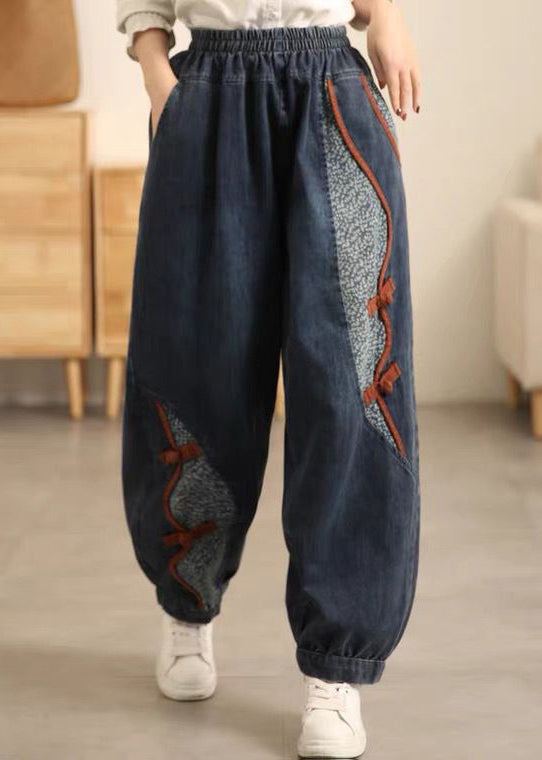 Nouveau pantalon court patchwork à taille élastique avec poches en denim bleu pour l'automne MN072