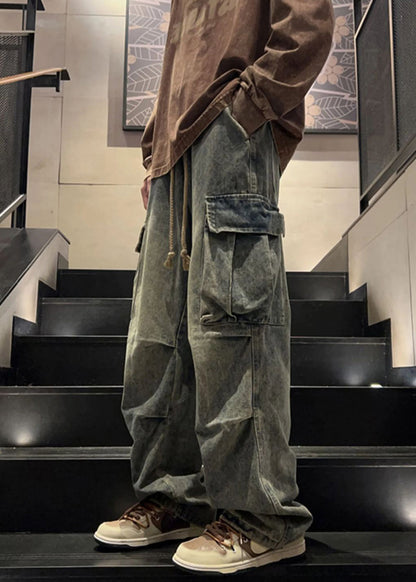 Elastic Waist Spring Blue Pockets New Pants Wrinkled Mens Denim