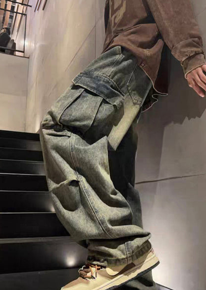 Elastic Waist Spring Blue Pockets New Pants Wrinkled Mens Denim