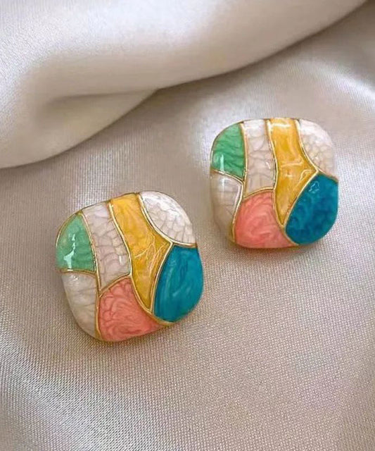 Boucles d'oreilles à tige carrées en alliage émaillé de couleur contrastée pour femme, nouvelle mode WH043